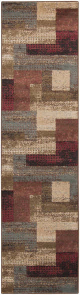 Close-up of the Sentinel Riley Geometric Rug, featuring a modern block pattern in red, brown, beige, and blue tones. Design-Runner-275