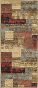 Close-up of the Sentinel Riley Geometric Rug. Features black, red, brown, and tan geometric blocks. Design-Runner-38