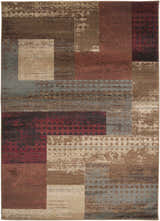 Close-up of the Sentinel Riley Geometric Rug. Features a contemporary block pattern in red, brown, and charcoal tones. Design-Rectangle-5376