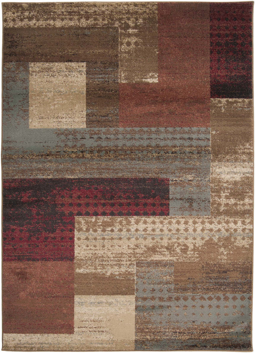 Close-up of the Sentinel Riley Geometric Rug. Features a contemporary block pattern in red, brown, and charcoal tones. Design-Rectangle-5376