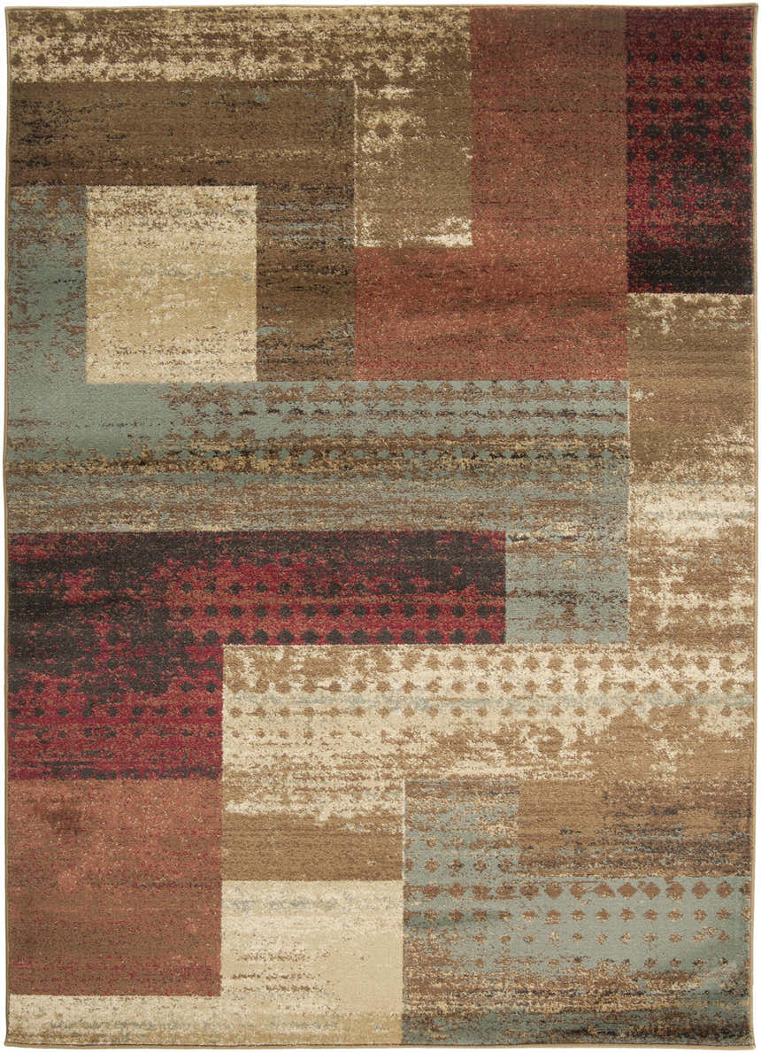 Close-up of the Sentinel Riley Geometric Rug, featuring black, charcoal, brown, green, mustard, olive, and red hues. Design-Rectangle-5376