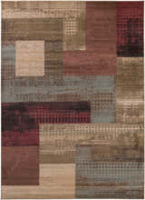 Close-up of the Sentinel Riley Geometric Rug. Features a contemporary block pattern in red, brown, green, and gray tones. Design-Rectangle-71010