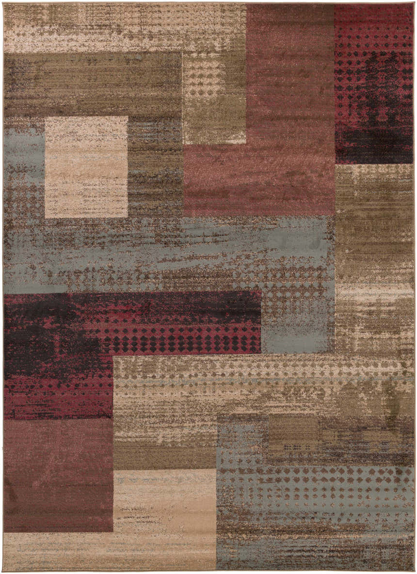 Close-up of the Sentinel Riley Geometric Rug. Features a contemporary block pattern in red, brown, green, and gray tones. Design-Rectangle-71010