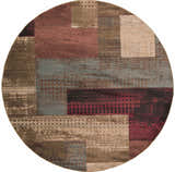 Round Sentinel Riley Geometric Rug featuring a contemporary block pattern in red, brown, tan, and blue. Design-Round-8