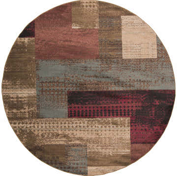 Round Sentinel Riley Geometric Rug featuring a contemporary block pattern in red, brown, tan, and blue. Design-Round-8