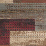 Close-up of the Sentinel Riley Geometric Rug. Features red, tan, brown, and gray hues in a modern geometric pattern. Swatch