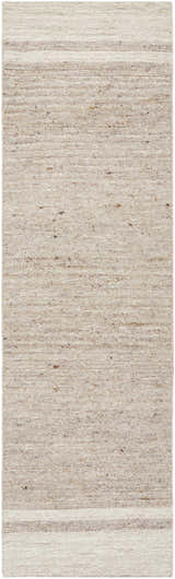 Close-up of the hand-tufted Urmat Wool Area Rug. Light silver, pearl, and warm gray tones create a subtle, textured design. Design-Runner-310