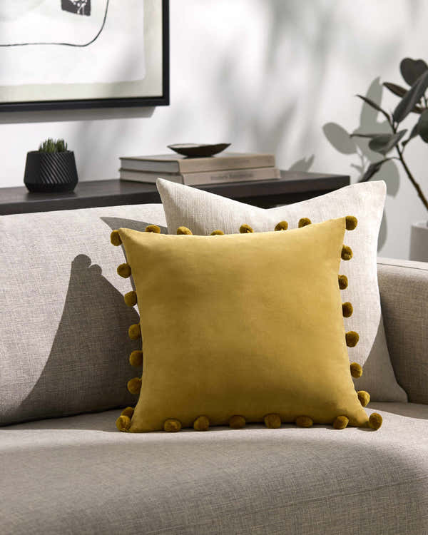 Solin Goldenrod Pom Trim Modern Cotton Accent Pillow - Clearance