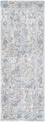 Close-up of the Finn Silver Blue Area Rug, showcasing its traditional floral pattern in silver, gray, and blue tones. Design-Runner-2773