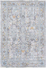 Detailed Finn Silver Blue Area Rug showing a traditional floral pattern in silver, blue, gray, and nutmeg tones. Design-Rectangle-575
