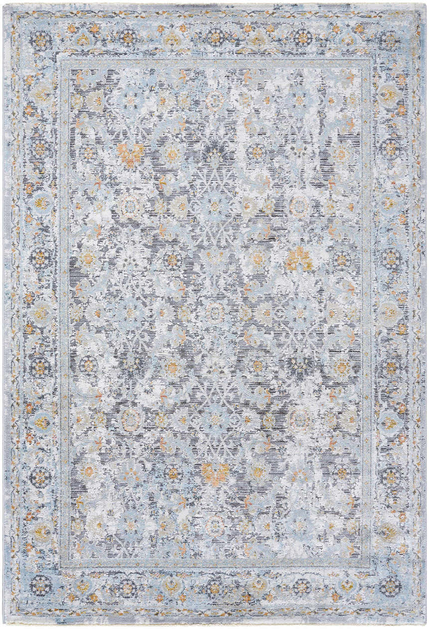 Detailed Finn Silver Blue Area Rug showing a traditional floral pattern in silver, blue, gray, and nutmeg tones. Design-Rectangle-575
