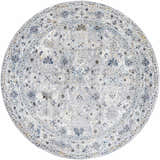 Close-up of a round Irida Area Rug. The rug has a traditional floral pattern in gray, denim, and nutmeg tones. Design-Round-710
