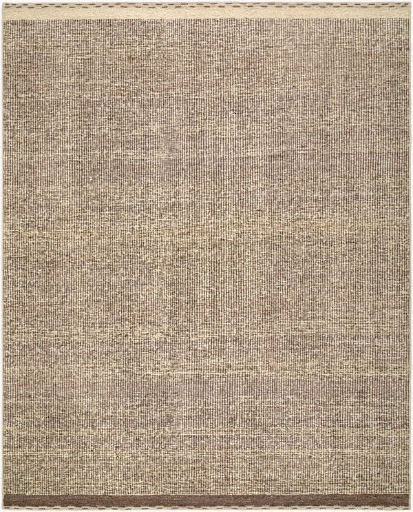 Close-up of the hand woven Anoush Area Rug. Charcoal, ivory, and sandstone wool rug with a traditional farmhouse style. Design-Rectangle-810