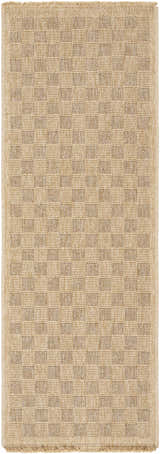 Close-up of the Jurek Beige Checkered Area Rug, showing the khaki and tan woven checkerboard pattern and texture. Design-Runner-2773