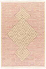 Close-up of the Sang Area Rug. Hand woven rug with pink and tan hues and diamond pattern. Farmhouse, transitional style. Design-Rectangle-576