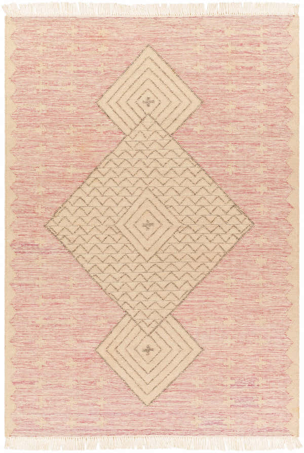 Close-up of the Sang Area Rug. Hand woven rug with pink and tan hues and diamond pattern. Farmhouse, transitional style. Design-Rectangle-576
