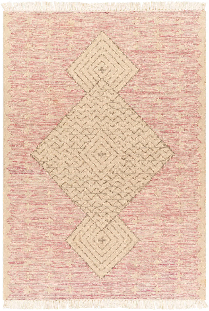 Close-up of the Sang Area Rug. Hand woven rug with pink and tan hues and diamond pattern. Farmhouse, transitional style. Design-Rectangle-576