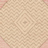 Close-up of the Sang Area Rug. Hand-woven recycled PET yarn with a tan geometric pattern on a light pink background. Swatch