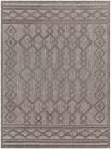Close-up of the Kort SFG-2310 area rug. Features a contemporary geometric diamond pattern in bone, natural gray, and taupe. Design-Rectangle-537