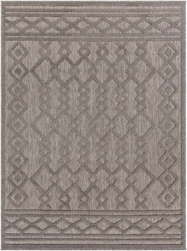 Close-up of the Kort SFG-2310 area rug. Features a contemporary geometric diamond pattern in bone, natural gray, and taupe. Design-Rectangle-537