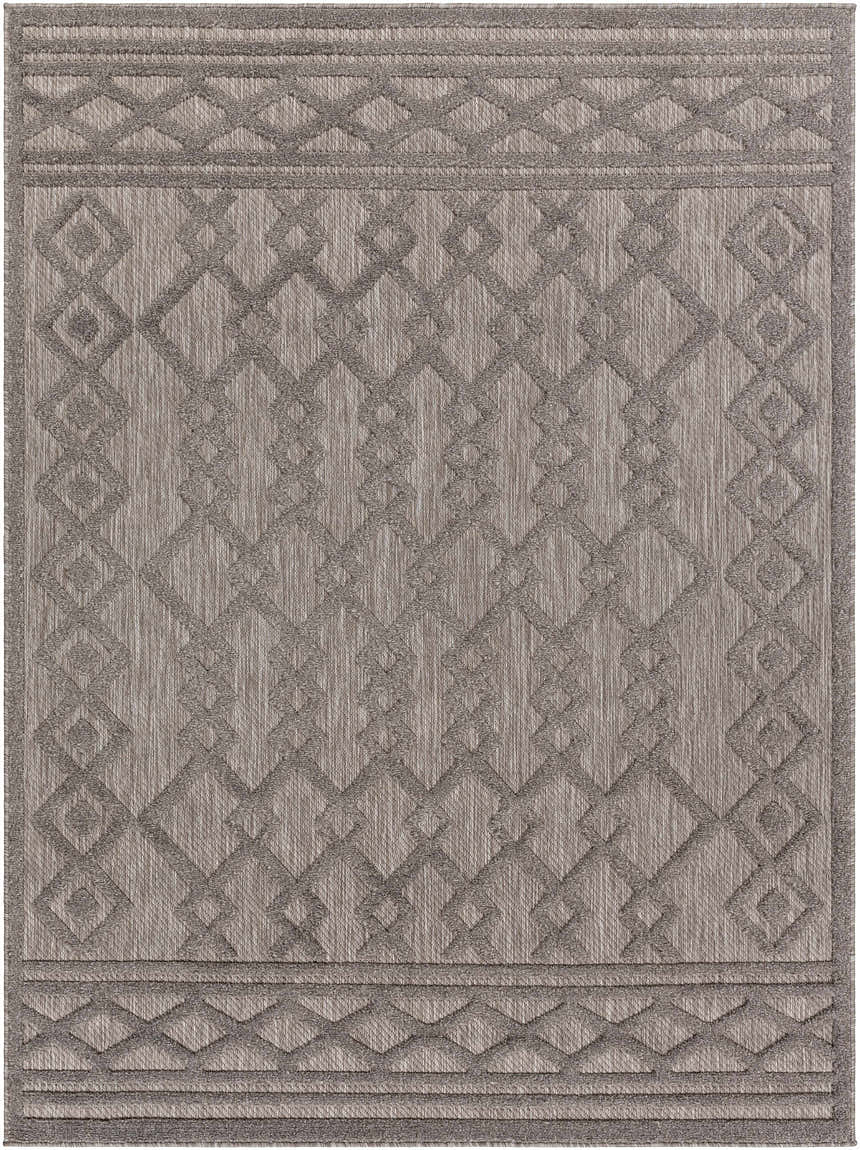 Close-up of the Kort SFG-2310 area rug. Features a contemporary geometric diamond pattern in bone, natural gray, and taupe. Design-Rectangle-537
