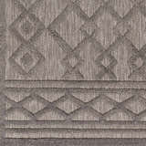 Close-up of the Kort SFG-2310 Area Rug. Machine woven polypropylene rug in bone, natural gray, and taupe with geometric pattern. Swatch