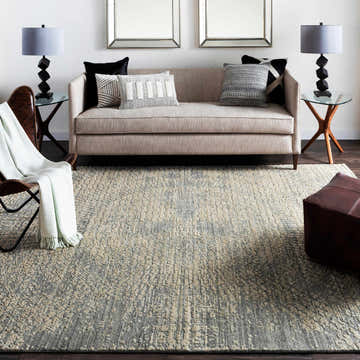 Living room scene with a beige sofa and Streatley Area Rug in beige, black and gray. Contemporary style. Roomscene-Rectangle