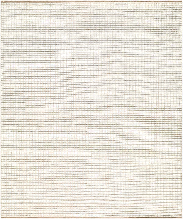 Close-up of the Halina Area Rug. Hand-knotted wool rug in beige, ivory, and sandstone with a subtle grid pattern. Design-Rectangle-810