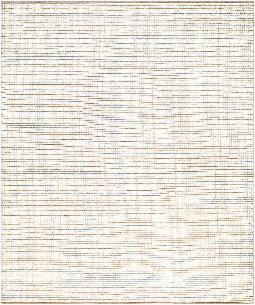 Close-up of the Halina Area Rug. Hand-knotted wool rug in beige, ivory, and sandstone with a subtle grid pattern. Design-Rectangle-810