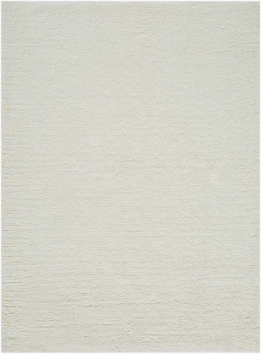 Close-up of the ivory Kanuha Washable Area Rug. Hand-woven wool rug with a subtle texture. Contemporary style. Design-Rectangle