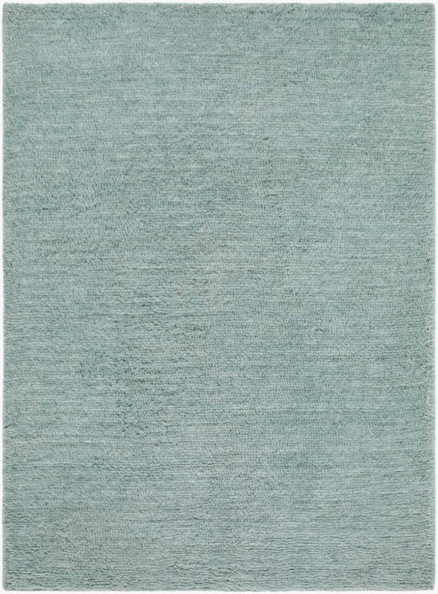 Close-up of the hand woven Kanuha Washable Area Rug. Sage green wool rug with a subtle, contemporary texture. Design-Rectangle