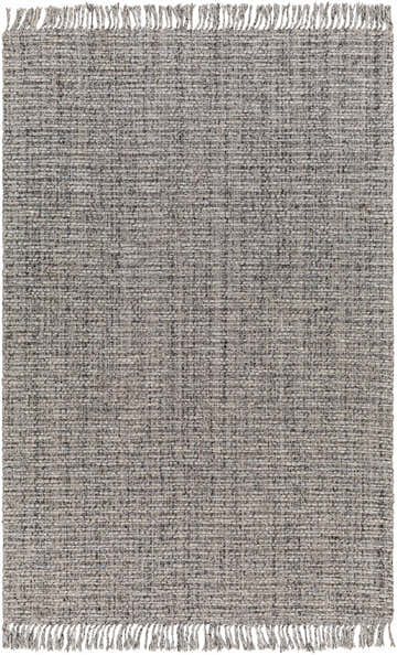 Close-up of the Amiel Gray rug. Hand woven texture in cloud gray, taupe, and light gray with fringed edges. Design-Rectangle-576