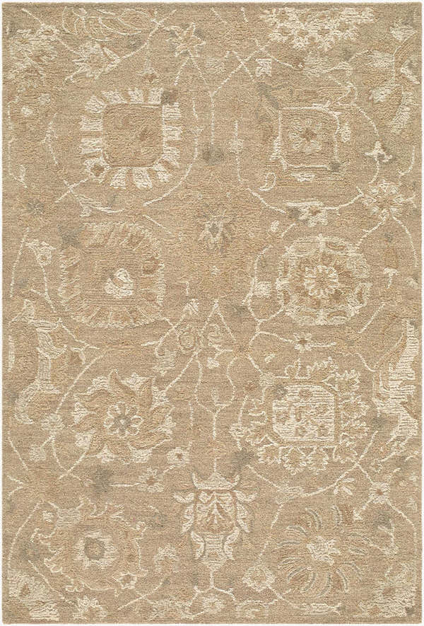 Close-up of the Lanune Traditional Handmade Area Rug. Beige wool rug with ivory floral and vine pattern. Hand-tufted texture. Design-Rectangle-576