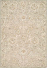 Close-up of the Vililo Traditional Handmade Area Rug. Beige, ivory, and sandstone floral pattern on hand-tufted wool. Design-Rectangle-576