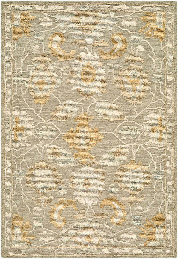 Close-up of the Bunopi Traditional Handmade Area Rug. Beige, cream, light gray, and mustard floral pattern. Hand-tufted wool texture. Design-Rectangle-576