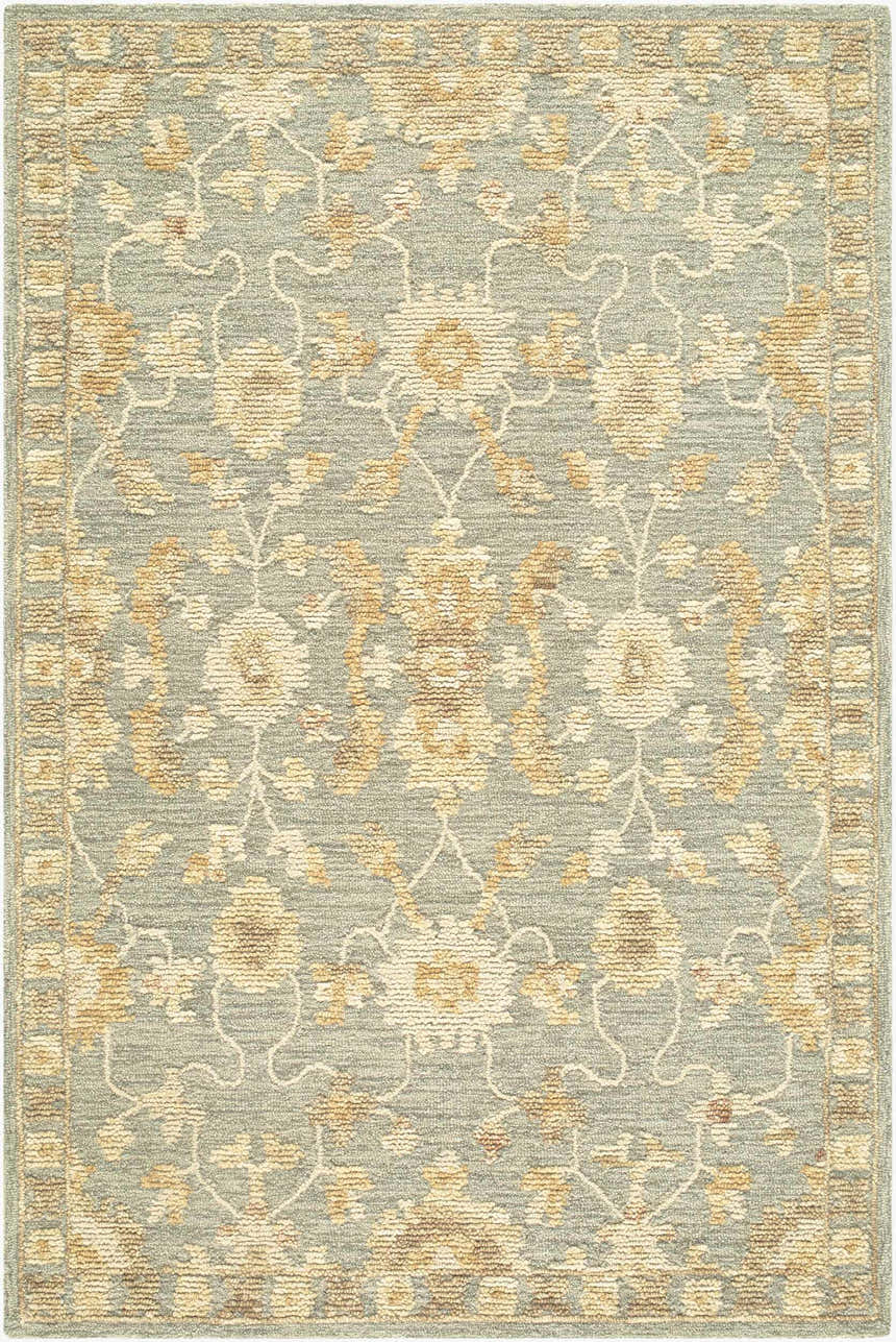 Close-up of the Novavu Traditional Handmade Area Rug. Ivory, sage, sandstone, and yellow floral pattern on wool rug. Design-Rectangle-576