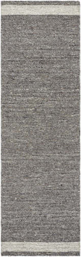 Close-up of the hand-tufted Tiran Gray Wool Area Rug. Features a textured gray weave and ivory stripes on each end. Design-Runner-310