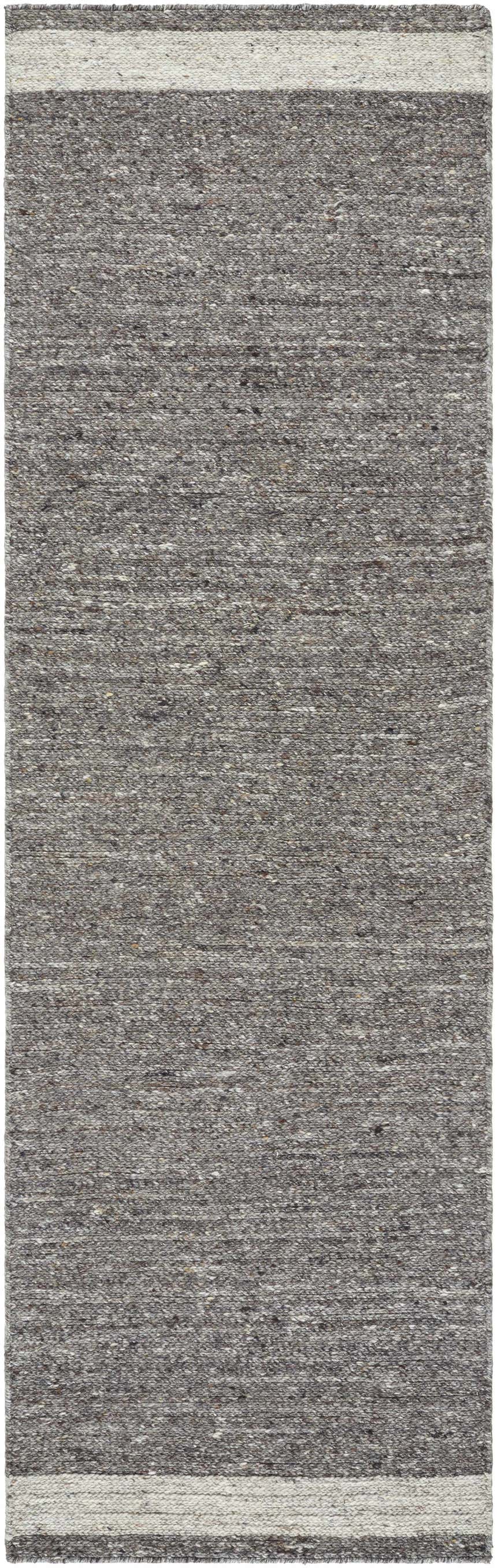 Close-up of the hand-tufted Tiran Gray Wool Area Rug. Features a textured gray weave and ivory stripes on each end. Design-Runner-310
