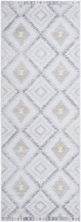 Close-up of the Tyipa Area Rug. Southwestern style rug with charcoal, cream, gray, and mustard diamond pattern. Design-Runner-2773