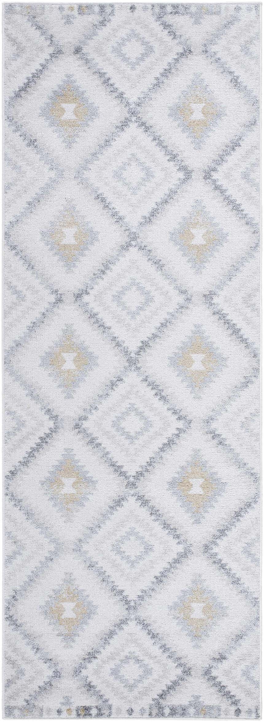 Close-up of the Tyipa Area Rug. Southwestern style rug with charcoal, cream, gray, and mustard diamond pattern. Design-Runner-2773