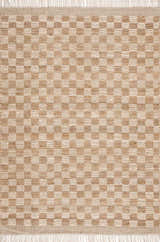 Close-up of the Ionut Checkered Jute Area Rug. Beige and tan squares create a classic checkerboard pattern. Hand-woven texture. Design-Rectangle