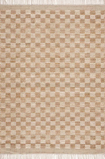 Close-up of the Ionut Checkered Jute Area Rug. Beige and tan squares create a classic checkerboard pattern. Hand-woven texture. Design-Rectangle