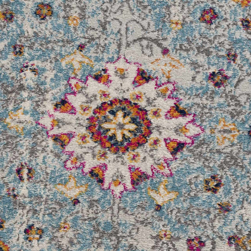 Close-up of the Tigril Blue 2303 Area Rug, showcasing its bohemian floral pattern in beige, ivory, and turquoise. Texture