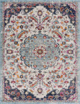 Close-up of the Tigril Blue 2303 Area Rug, showcasing its beige, ivory, and turquoise floral bohemian design. Design-Rectangle