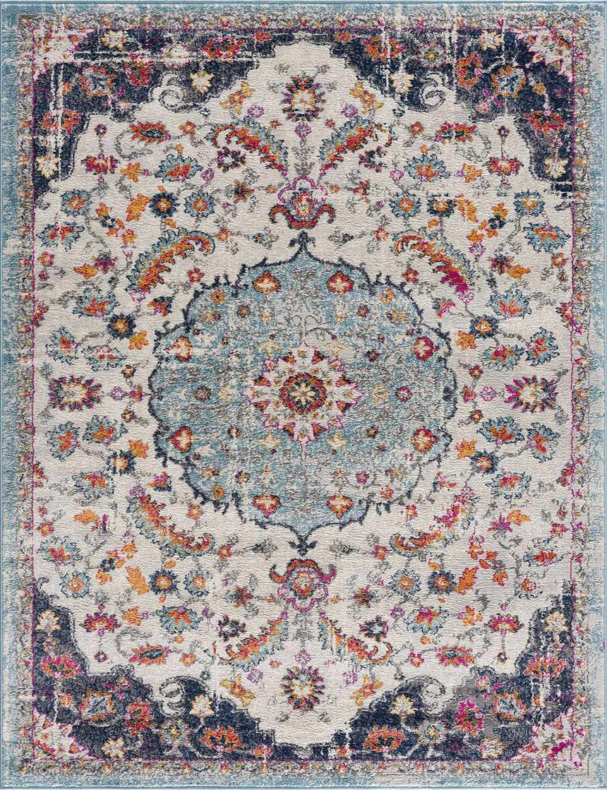 Close-up of the Tigril Blue 2303 Area Rug, showcasing its beige, ivory, and turquoise floral bohemian design. Design-Rectangle