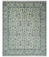 Tree of Life Hand Knotted Ivory and Charcoal Traditional Oushak Custom Made Wool Rug