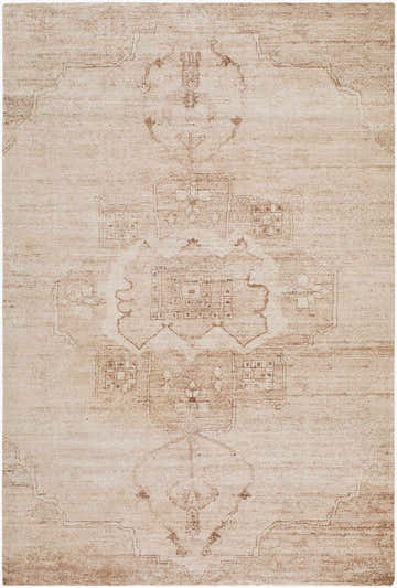 Close-up of the Hannan Area Rug. Hand-tufted polyester rug in beige, sandstone, sepia, and taupe with a traditional farmhouse design. Design-Rectangle-576