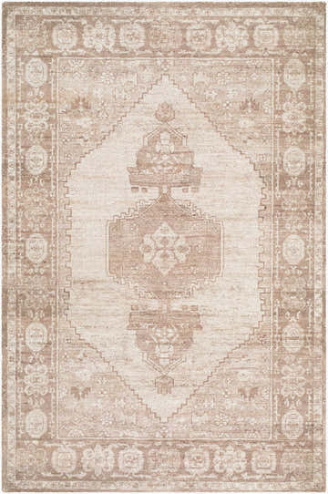 Close-up of Kaylee Area Rug with traditional beige, cream, and taupe patterns and hand-tufted texture. Design-Rectangle-576