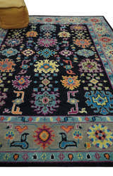 Vibrant Colorful Black, Beige, Purple and Blue Hand Knotted Traditional Oushak Custom Made wool Area Rug