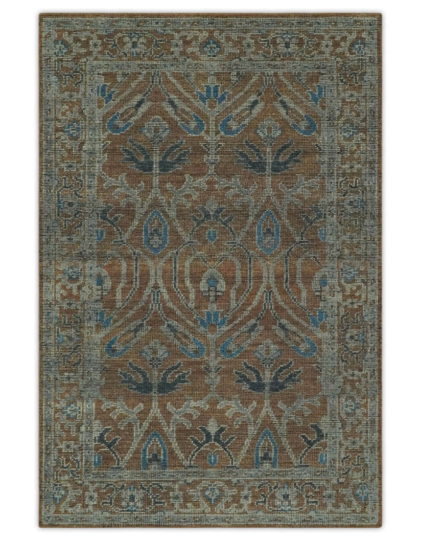 Vintage Style Hand Knotted Serapi Blue and Rust Traditional Custom Made Area Rug